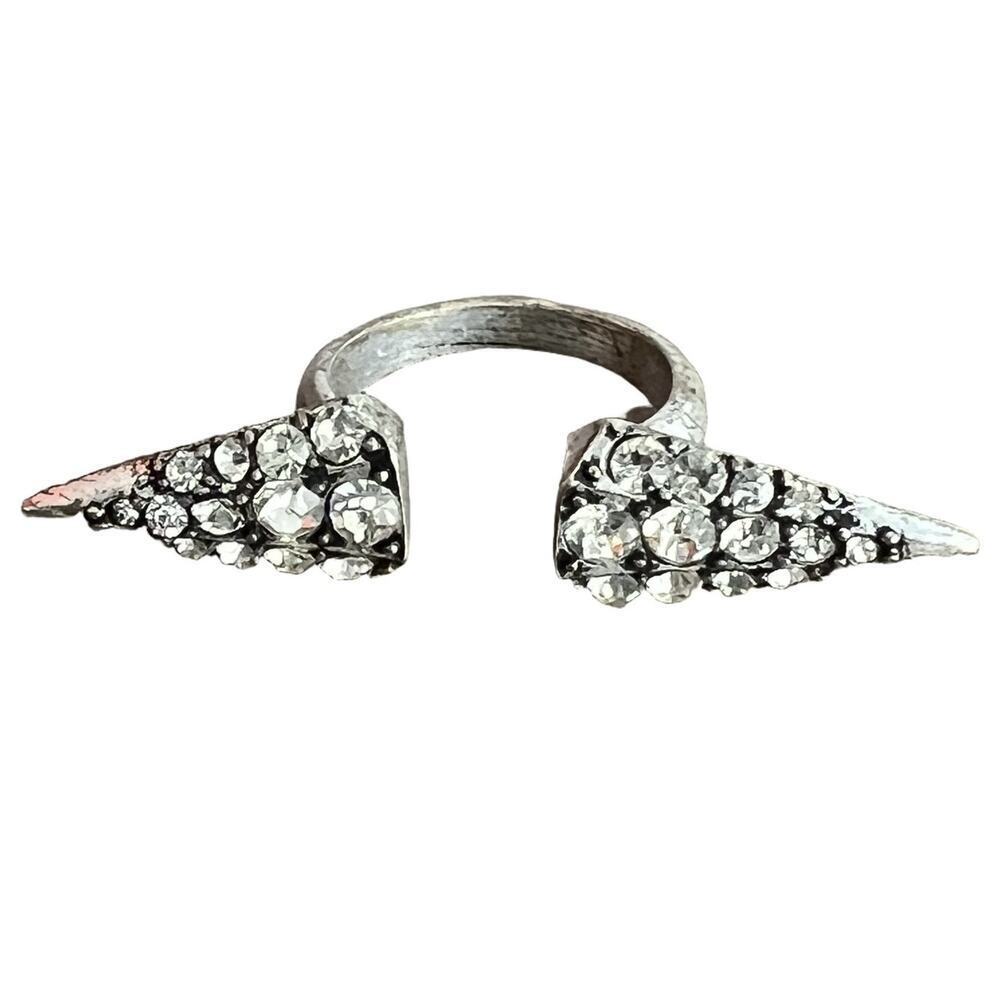 🍭6/$30 Rhinestone studded punk silver tone open double arrow ring - size 6.75